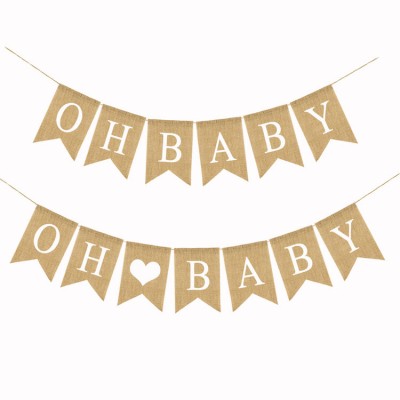 OH Baby Party Decorative Hanging Bunting Printed Burlap Flags Baby Shower Banner