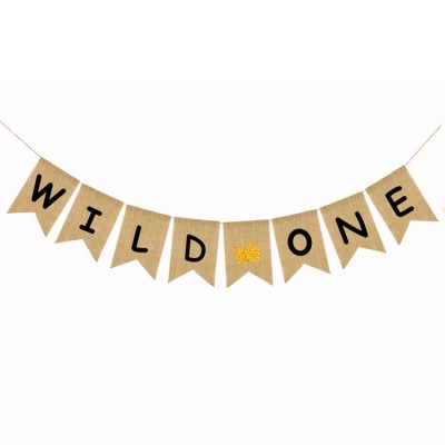 WILD ONE Decorative Hanging Bunting Printed Burlap Flags Children Birthday Party Banner