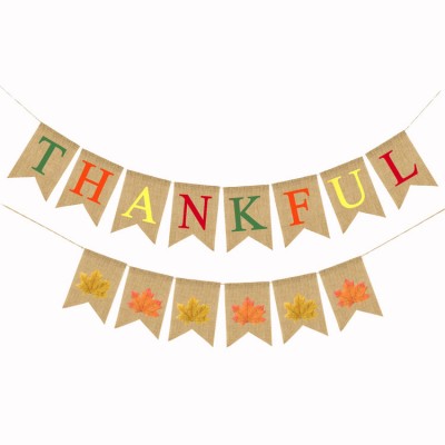 THANKFUL Give Thanks Party Decorative Flags On String Printed Burlap Hanging Bunting Banner