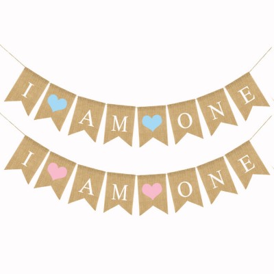 I AM ONE Kids Decorative Hanging Burlap Flags Children Birthday Party Banner